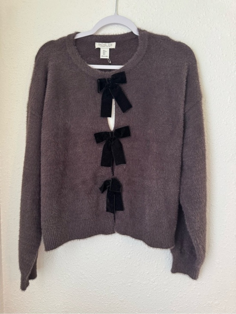 Rachel Zoe Mauve-Gray Fuzzy Cardigan with Black Velvet Bows